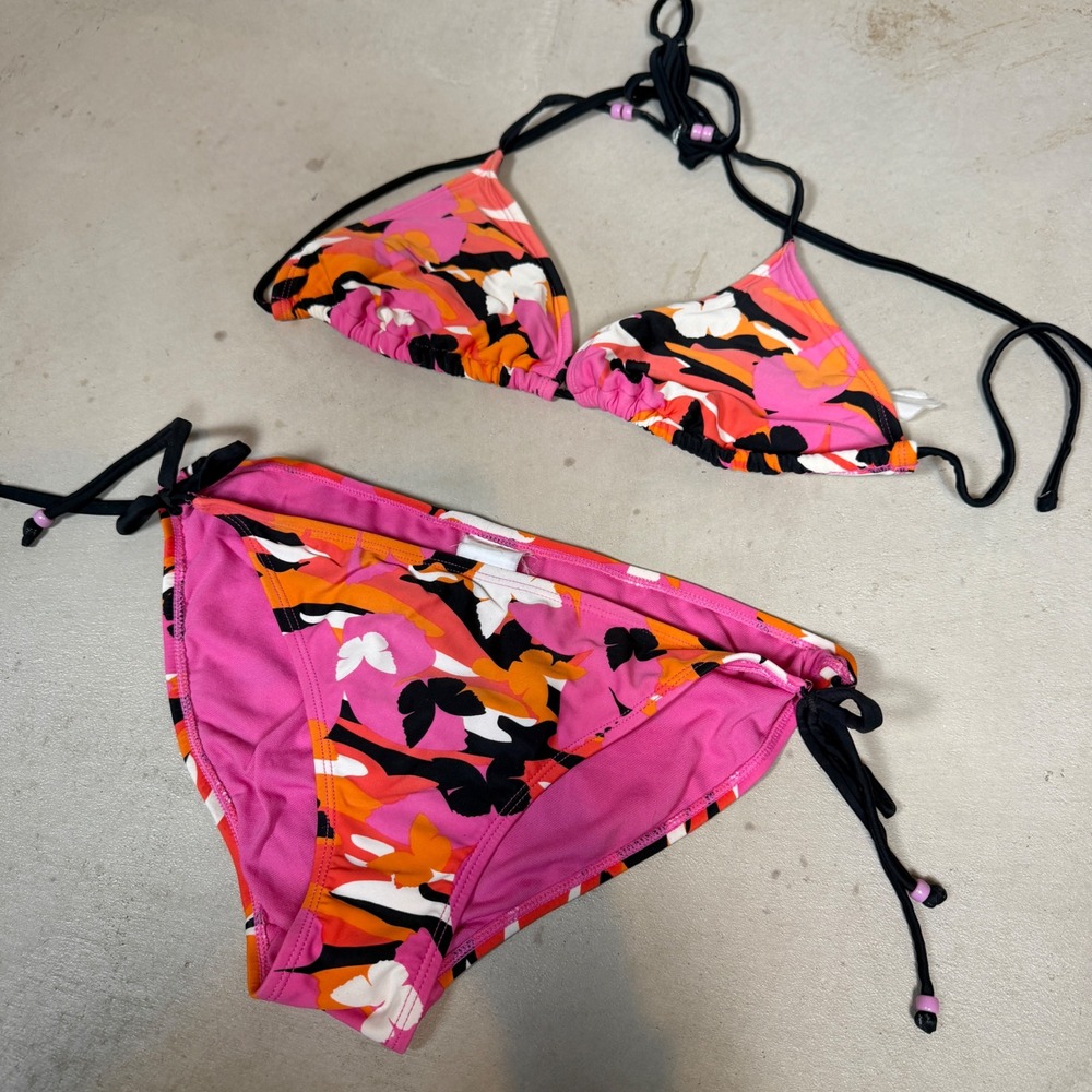 Hot Water Womens Pink Orange Floral Triangle Bikini Set Side Tie Two Piece Swim